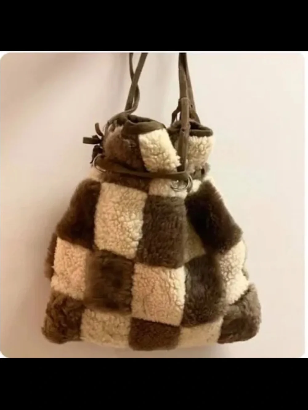Faux Shearling Checker Drawstring Bucket Bag - Brown & Cream